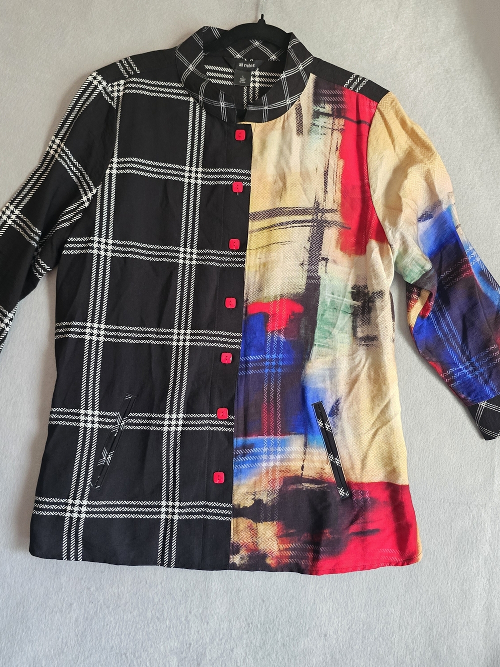 Ali Miles L Black Plaid & Multicolor Art-Print Button Shirt Tunic Collar Boho